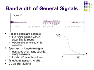 Bandwidth of General Signals
 Not all signals are periodic
 E.g. voice signals varies
according to sound
 Vowels are periodic, “s” is
noiselike
 Spectrum of long-term signal
 Averages over many sounds,
many speakers
 Involves Fourier transform
 Telephone speech: 4 kHz
 CD Audio: 22 kHz
s (noisy ) | p (air stopped) | ee (periodic) | t (stopped) | sh (noisy)
X(f)
f
0 Ws
“speech”
 