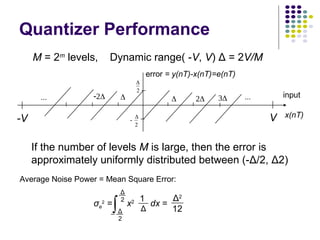M = 2m
levels, Dynamic range( -V, V) Δ = 2V/M
Average Noise Power = Mean Square Error:
If the number of levels M is large, then the error is
approximately uniformly distributed between (-Δ/2, Δ2)

2
...
error = y(nT)-x(nT)=e(nT)
input
...


2

 
 
x(nT)
V
-V
Quantizer Performance
σe
2
= x2
dx =
Δ2
12
1
Δ
∫
Δ
2
Δ
2
 