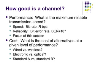 How good is a channel?
 Performance: What is the maximum reliable
transmission speed?
 Speed: Bit rate, R bps
 Reliability: Bit error rate, BER=10-k
 Focus of this section
 Cost: What is the cost of alternatives at a
given level of performance?
 Wired vs. wireless?
 Electronic vs. optical?
 Standard A vs. standard B?
 