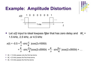 Example: Amplitude Distortion
 Let x(t) input to ideal lowpass filter that has zero delay and Wc =
1.5 kHz, 2.5 kHz, or 4.5 kHz
1 0 0 0 0 0 0 1
. . . . . .
t
1 ms
x(t)
 Wc = 1.5 kHz passes only the first two terms
 Wc = 2.5 kHz passes the first three terms
 Wc = 4.5 kHz passes the first five terms

x(t) = -0.5 + sin( )cos(21000t)
+ sin( )cos(22000t) + sin( )cos(23000t) + …
4


4
4

4

2
4
3
4
 