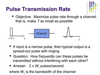 Pulse Transmission Rate
 Objective: Maximize pulse rate through a channel,
that is, make T as small as possible
Channel
t t
 If input is a narrow pulse, then typical output is a
spread-out pulse with ringing
 Question: How frequently can these pulses be
transmitted without interfering with each other?
 Answer: 2 x Wc pulses/second
where Wc is the bandwidth of the channel
T
 