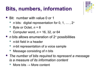Bits, numbers, information
 Bit: number with value 0 or 1
 n bits: digital representation for 0, 1, … , 2n
 Byte or Octet, n = 8
 Computer word, n = 16, 32, or 64
 n bits allows enumeration of 2n
possibilities
 n-bit field in a header
 n-bit representation of a voice sample
 Message consisting of n bits
 The number of bits required to represent a message
is a measure of its information content
 More bits → More content
 