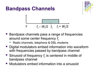 Bandpass Channels
 Bandpass channels pass a range of frequencies
around some center frequency fc
 Radio channels, telephone & DSL modems
 Digital modulators embed information into waveform
with frequencies passed by bandpass channel
 Sinusoid of frequency fc is centered in middle of
bandpass channel
 Modulators embed information into a sinusoid
fc – Wc/2 fc
0 fc + Wc/2
 