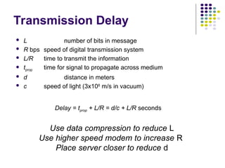 Transmission Delay
Use data compression to reduce L
Use higher speed modem to increase R
Place server closer to reduce d
 L number of bits in message
 R bps speed of digital transmission system
 L/R time to transmit the information
 tprop time for signal to propagate across medium
 d distance in meters
 c speed of light (3x108
m/s in vacuum)
Delay = tprop + L/R = d/c + L/R seconds
 