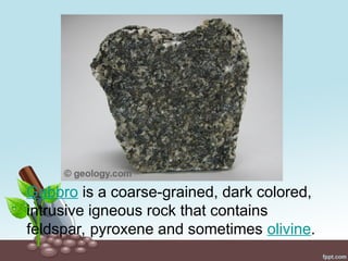 Gabbro is a coarse-grained, dark colored,
intrusive igneous rock that contains
feldspar, pyroxene and sometimes olivine.
 