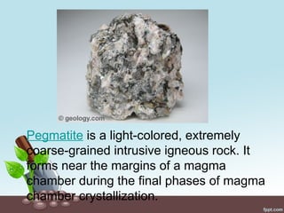 Pegmatite is a light-colored, extremely
coarse-grained intrusive igneous rock. It
forms near the margins of a magma
chamber during the final phases of magma
chamber crystallization.
 