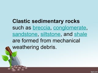 Clastic sedimentary rocks
such as breccia, conglomerate,
sandstone, siltstone, and shale
are formed from mechanical
weathering debris.
 