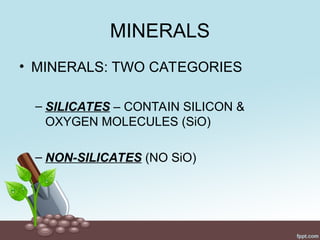 MINERALS
• MINERALS: TWO CATEGORIES
– SILICATES – CONTAIN SILICON &
OXYGEN MOLECULES (SiO)
– NON-SILICATES (NO SiO)
 