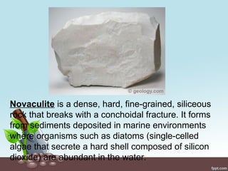 Novaculite is a dense, hard, fine-grained, siliceous
rock that breaks with a conchoidal fracture. It forms
from sediments deposited in marine environments
where organisms such as diatoms (single-celled
algae that secrete a hard shell composed of silicon
dioxide) are abundant in the water.
 