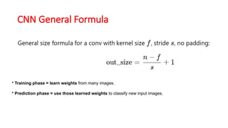 CNN General Formula
• Training phase = learn weights from many images.
• Prediction phase = use those learned weights to classify new input images.
 