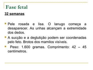 Fase fetal
32 semanas
 Pele rosada e lisa. O lanugo começa a
desaparecer. As unhas alcançam a extremidade
dos dedos.
 A sucção e a deglutição podem ser coordenadas
pelo feto. Brotos dos mamilos visíveis.
 Peso: 1.600 gramas. Comprimento: 42 – 45
centímetros.
 