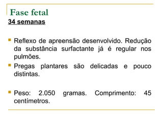 Fase fetal
34 semanas
 Reflexo de apreensão desenvolvido. Redução
da substância surfactante já é regular nos
pulmões.
 Pregas plantares são delicadas e pouco
distintas.
 Peso: 2.050 gramas. Comprimento: 45
centímetros.
 