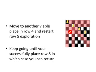 • Move to another viable
place in row 4 and restart
row 5 exploration
• Keep going until you
successfully place row 8 in
which case you can return
 