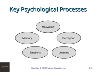 Copyright © 2016 Pearson Education Ltd. 6-31
Key Psychological Processes
Key Psychological Processes
Motivation
Perception
Learning
Emotions
Memory
 