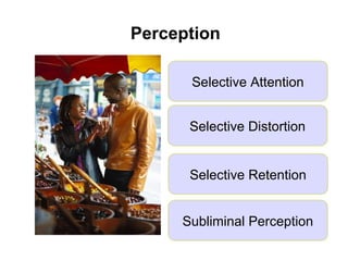 Perception
Selective Attention
Subliminal Perception
Selective Retention
Selective Distortion
 