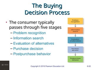 Copyright © 2016 Pearson Education Ltd. 6-52
The Buying
The Buying
Decision Process
Decision Process
• The consumer typically
passes through five stages
– Problem recognition
– Information search
– Evaluation of alternatives
– Purchase decision
– Postpurchase behavior
 