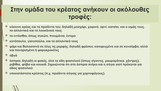 Στην ομάδα του κρέατος ανήκουν οι ακόλουθες
τροφές:
 κόκκινο κρέας και τα προϊόντα του, δηλαδή μοσχάρι, χοιρινό, αρνί, κατσίκι, και ο κιμάς τους,
τα αλλαντικά και τα λουκάνικά τους
 τα εντόσθια, όπως συκώτι, πνευμόνια, έντερο
 κοτόπουλο, γαλοπούλα, και τα αλλαντικά τους
 ψάρι και θαλασσινά σε όλες τις μορφές, δηλαδή φρέσκο, κατεψυγμένο και σε κονσέρβα, αλλά
και παναρισμένο ή ψαροκροκέτες
 αβγά
 όσπρια, δηλαδή οι φακές, όλα τα είδη φασολιού (όπως γίγαντες, μαυρομάτικα, χάντρες),
ρεβίθια, φάβα και κουκιά. Σημειώνεται ότι στα όσπρια ανήκει και η σόγια γιατί πρόκειται για
είδος φασολιού
 υποκατάστατα κρέατος (π.χ. προϊόντα σόγιας για χορτοφάγους).
 
