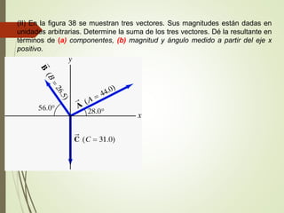 (II) En la figura 38 se muestran tres vectores. Sus magnitudes están dadas en
unidades arbitrarias. Determine la suma de los tres vectores. Dé la resultante en
términos de (a) componentes, (b) magnitud y ángulo medido a partir del eje x
positivo.
 
