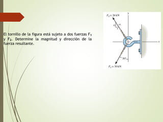 El tornillo de la figura está sujeto a dos fuerzas F1
y F2. Determine la magnitud y dirección de la
fuerza resultante.
 