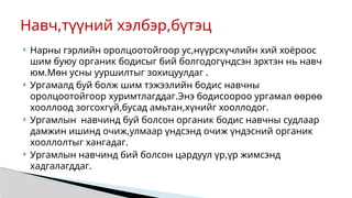  Нарны гэрлийн оролцоотойгоор ус,нүүрсхүчлийн хий хоёроос
шим буюу органик бодисыг бий болгодогүндсэн эрхтэн нь навч
юм.Мөн усны ууршилтыг зохицуулдаг .
 Ургамалд буй болж шим тэжээлийн бодис навчны
оролцоотойгоор хуримтлагддаг.Энэ бодисоороо ургамал өөрөө
хооллоод зогсохгүй,бусад амьтан,хүнийг хооллодог.
 Ургамлын навчинд буй болсон органик бодис навчны судлаар
дамжин ишинд очиж,улмаар үндсэнд очиж үндэсний органик
хооллолтыг хангадаг.
 Ургамлын навчинд бий болсон цардуул үр,үр жимсэнд
хадгалагддаг.
Навч,түүний хэлбэр,бүтэц
 