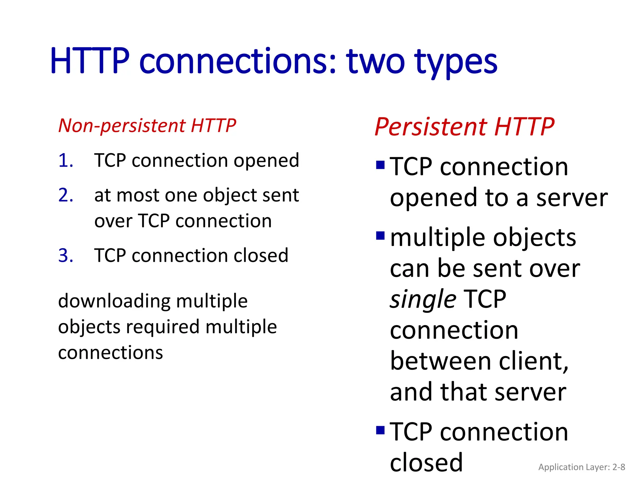 HTTP connections: two types
Non-persistent HTTP
1. TCP connection opened
2. at most one object sent
over TCP connection
3. TCP connection closed
downloading multiple
objects required multiple
connections
Persistent HTTP
TCP connection
opened to a server
multiple objects
can be sent over
single TCP
connection
between client,
and that server
TCP connection
closed Application Layer: 2-8
 