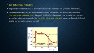 • Ley del período refractario
• El período durante el cual el musculo cardiaco no es excitable (período refractario),
• Durante la contracción, el músculo cardiaco no reacciona a los estímulos anormales
(período refractario absoluto). Después del final de la contracción el músculo cardiaco
se vuelve más o menos excitable (período refractario relativo), hasta que la excitabilidad
acaba por ser enteramente normal.
 