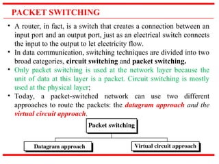 PACKET SWITCHING
• A router, in fact, is a switch that creates a connection between an
input port and an output port, just as an electrical switch connects
the input to the output to let electricity flow.
• In data communication, switching techniques are divided into two
broad categories, circuit switching and packet switching.
• Only packet switching is used at the network layer because the
unit of data at this layer is a packet. Circuit switching is mostly
used at the physical layer;
• Today, a packet-switched network can use two different
approaches to route the packets: the datagram approach and the
virtual circuit approach.
 