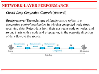 NETWORK-LAYER PERFORMANCE
Closed-Loop Congestion Control: (removal)
Backpressure: The technique of backpressure refers to a
congestion control mechanism in which a congested node stops
receiving data. Reject data from their upstream node or nodes, and
so on. Starts with a node and propagates, in the opposite direction
of data flow, to the source.
 
