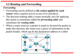 3.2 Routing and Forwarding
Forwarding
• Forwarding can be defined as the action applied by each
router when a packet arrives at one of its interfaces.
• The decision-making table a router normally uses for applying
this action is sometimes called the forwarding table and
sometimes the routing table.
• When a router receives a packet it needs to forward the packet to
make this decision, the router uses a piece of information in the
packet header, which can be the destination address or a label
 