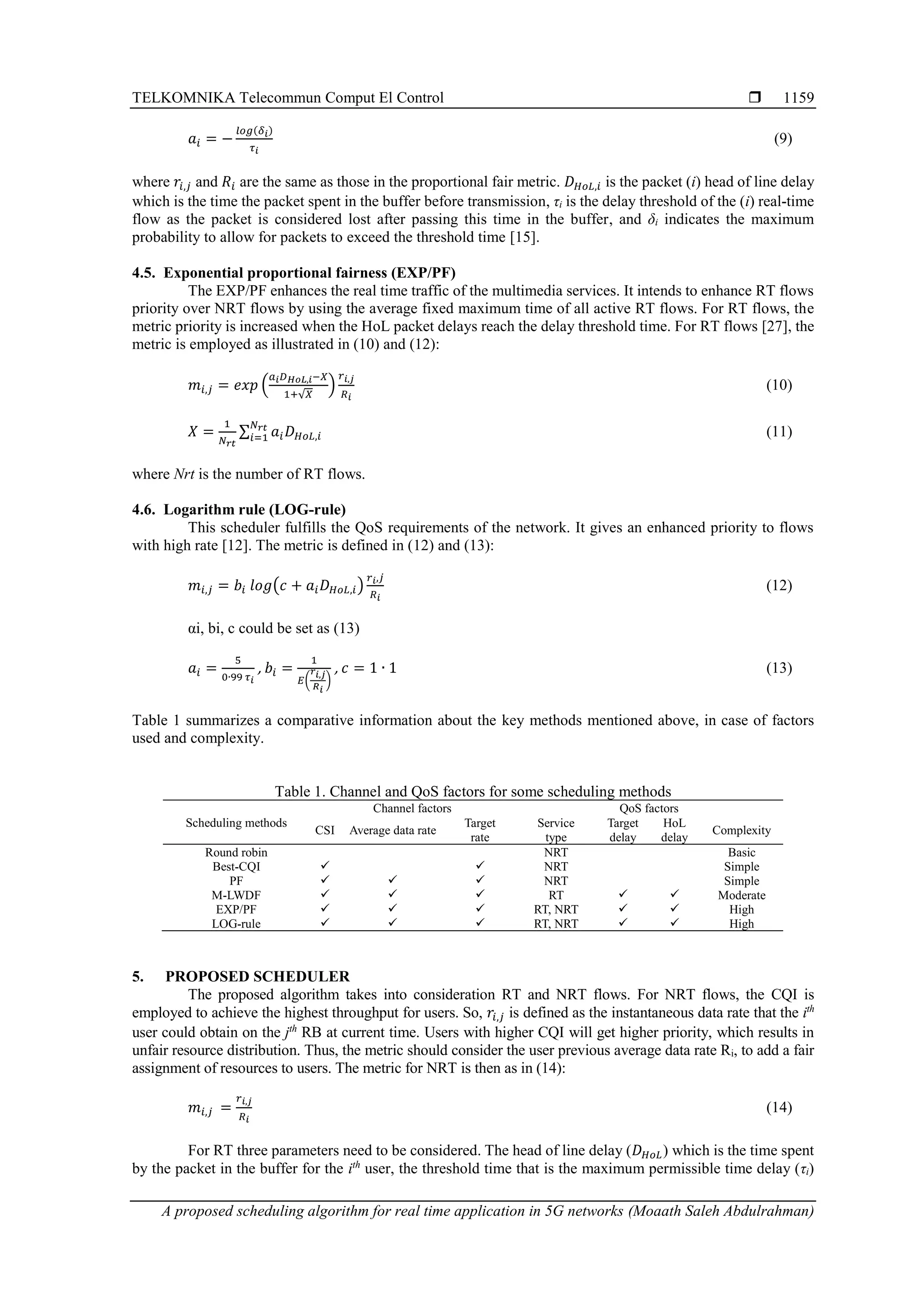 TELKOMNIKA Telecommun Comput El Control  A proposed scheduling algorithm for real time application in 5G networks (Moaath Saleh Abdulrahman) 1159 𝑎𝑖 = − 𝑙𝑜𝑔(𝛿𝑖) 𝜏𝑖 (9) where 𝑟𝑖,𝑗 and 𝑅𝑖 are the same as those in the proportional fair metric. 𝐷𝐻𝑜𝐿,𝑖 is the packet (i) head of line delay which is the time the packet spent in the buffer before transmission, τi is the delay threshold of the (i) real-time flow as the packet is considered lost after passing this time in the buffer, and δi indicates the maximum probability to allow for packets to exceed the threshold time [15]. 4.5. Exponential proportional fairness (EXP/PF) The EXP/PF enhances the real time traffic of the multimedia services. It intends to enhance RT flows priority over NRT flows by using the average fixed maximum time of all active RT flows. For RT flows, the metric priority is increased when the HoL packet delays reach the delay threshold time. For RT flows [27], the metric is employed as illustrated in (10) and (12): 𝑚𝑖,𝑗 = 𝑒𝑥𝑝 ( 𝑎𝑖𝐷𝐻𝑜𝐿,𝑖−𝑋 1+√𝑋 ) 𝑟𝑖,𝑗 𝑅𝑖 (10) 𝑋 = 1 𝑁𝑟𝑡 ∑ 𝑎𝑖𝐷𝐻𝑜𝐿,𝑖 𝑁𝑟𝑡 𝑖=1 (11) where Nrt is the number of RT flows. 4.6. Logarithm rule (LOG-rule) This scheduler fulfills the QoS requirements of the network. It gives an enhanced priority to flows with high rate [12]. The metric is defined in (12) and (13): 𝑚𝑖,𝑗 = 𝑏𝑖 𝑙𝑜𝑔(𝑐 + 𝑎𝑖𝐷𝐻𝑜𝐿,𝑖) 𝑟𝑖,𝑗 𝑅𝑖 (12) αi, bi, c could be set as (13) 𝑎𝑖 = 5 0∙99 𝜏𝑖 , 𝑏𝑖 = 1 𝐸( 𝑟𝑖,𝑗 𝑅𝑖 ) , 𝑐 = 1 ∙ 1 (13) Table 1 summarizes a comparative information about the key methods mentioned above, in case of factors used and complexity. Table 1. Channel and QoS factors for some scheduling methods Scheduling methods Channel factors QoS factors CSI Average data rate Target rate Service type Target delay HoL delay Complexity Round robin NRT Basic Best-CQI ✓ ✓ NRT Simple PF ✓ ✓ ✓ NRT Simple M-LWDF ✓ ✓ ✓ RT ✓ ✓ Moderate EXP/PF ✓ ✓ ✓ RT, NRT ✓ ✓ High LOG-rule ✓ ✓ ✓ RT, NRT ✓ ✓ High 5. PROPOSED SCHEDULER The proposed algorithm takes into consideration RT and NRT flows. For NRT flows, the CQI is employed to achieve the highest throughput for users. So, 𝑟𝑖,𝑗 is defined as the instantaneous data rate that the ith user could obtain on the jth RB at current time. Users with higher CQI will get higher priority, which results in unfair resource distribution. Thus, the metric should consider the user previous average data rate Ri, to add a fair assignment of resources to users. The metric for NRT is then as in (14): 𝑚𝑖,𝑗 = 𝑟𝑖,𝑗 𝑅𝑖 (14) For RT three parameters need to be considered. The head of line delay (𝐷𝐻𝑜𝐿) which is the time spent by the packet in the buffer for the ith user, the threshold time that is the maximum permissible time delay (τi) 