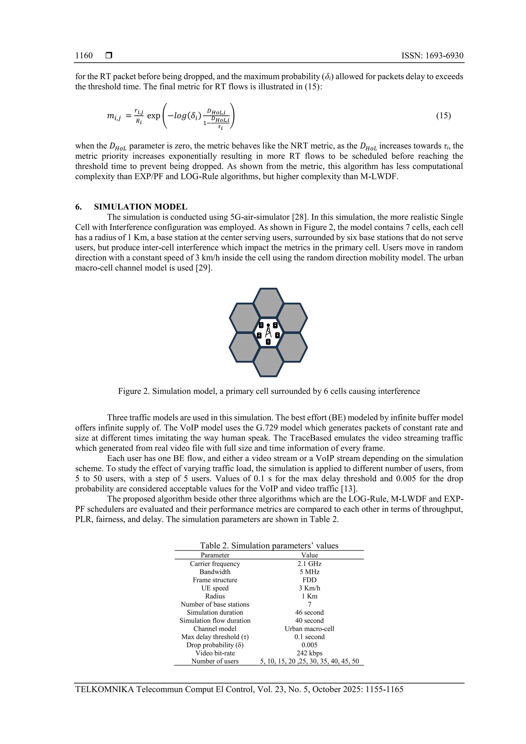  ISSN: 1693-6930 TELKOMNIKA Telecommun Comput El Control, Vol. 23, No. 5, October 2025: 1155-1165 1160 for the RT packet before being dropped, and the maximum probability (δi) allowed for packets delay to exceeds the threshold time. The final metric for RT flows is illustrated in (15): 𝑚𝑖,𝑗 = 𝑟𝑖,𝑗 𝑅𝑖 exp (−𝑙𝑜𝑔(𝛿𝑖) 𝐷𝐻𝑜𝐿,𝑖 1− 𝐷𝐻𝑜𝐿,𝑖 𝜏𝑖 ) (15) when the 𝐷𝐻𝑜𝐿 parameter is zero, the metric behaves like the NRT metric, as the 𝐷𝐻𝑜𝐿 increases towards τi, the metric priority increases exponentially resulting in more RT flows to be scheduled before reaching the threshold time to prevent being dropped. As shown from the metric, this algorithm has less computational complexity than EXP/PF and LOG-Rule algorithms, but higher complexity than M-LWDF. 6. SIMULATION MODEL The simulation is conducted using 5G-air-simulator [28]. In this simulation, the more realistic Single Cell with Interference configuration was employed. As shown in Figure 2, the model contains 7 cells, each cell has a radius of 1 Km, a base station at the center serving users, surrounded by six base stations that do not serve users, but produce inter-cell interference which impact the metrics in the primary cell. Users move in random direction with a constant speed of 3 km/h inside the cell using the random direction mobility model. The urban macro-cell channel model is used [29]. Figure 2. Simulation model, a primary cell surrounded by 6 cells causing interference Three traffic models are used in this simulation. The best effort (BE) modeled by infinite buffer model offers infinite supply of. The VoIP model uses the G.729 model which generates packets of constant rate and size at different times imitating the way human speak. The TraceBased emulates the video streaming traffic which generated from real video file with full size and time information of every frame. Each user has one BE flow, and either a video stream or a VoIP stream depending on the simulation scheme. To study the effect of varying traffic load, the simulation is applied to different number of users, from 5 to 50 users, with a step of 5 users. Values of 0.1 s for the max delay threshold and 0.005 for the drop probability are considered acceptable values for the VoIP and video traffic [13]. The proposed algorithm beside other three algorithms which are the LOG-Rule, M-LWDF and EXP- PF schedulers are evaluated and their performance metrics are compared to each other in terms of throughput, PLR, fairness, and delay. The simulation parameters are shown in Table 2. Table 2. Simulation parameters’ values Parameter Value Carrier frequency 2.1 GHz Bandwidth 5 MHz Frame structure FDD UE speed 3 Km/h Radius 1 Km Number of base stations 7 Simulation duration 46 second Simulation flow duration 40 second Channel model Urban macro-cell Max delay threshold (τ) 0.1 second Drop probability (δ) 0.005 Video bit-rate 242 kbps Number of users 5, 10, 15, 20 ,25, 30, 35, 40, 45, 50 