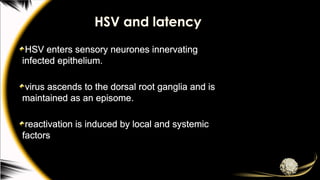 HSV and latency
HSV enters sensory neurones innervating
infected epithelium.
virus ascends to the dorsal root ganglia and is
maintained as an episome.
reactivation is induced by local and systemic
factors
 