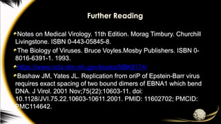Further Reading
Notes on Medical Virology. 11th Edition. Morag Timbury. Churchill
Livingstone. ISBN 0-443-05845-8.
The Biology of Viruses. Bruce Voyles.Mosby Publishers. ISBN 0-
8016-6391-1. 1993.
https://www.ncbi.nlm.nih.gov/books/NBK8174/
Bashaw JM, Yates JL. Replication from oriP of Epstein-Barr virus
requires exact spacing of two bound dimers of EBNA1 which bend
DNA. J Virol. 2001 Nov;75(22):10603-11. doi:
10.1128/JVI.75.22.10603-10611.2001. PMID: 11602702; PMCID:
PMC114642.
 