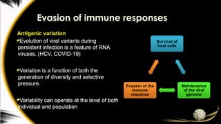 Evasion of immune responses
Antigenic variation
Evolution of viral variants during
persistent infection is a feature of RNA
viruses. (HCV, COVID-19)
Variation is a function of both the
generation of diversity and selective
pressure.
Variability can operate at the level of both
individual and population
 