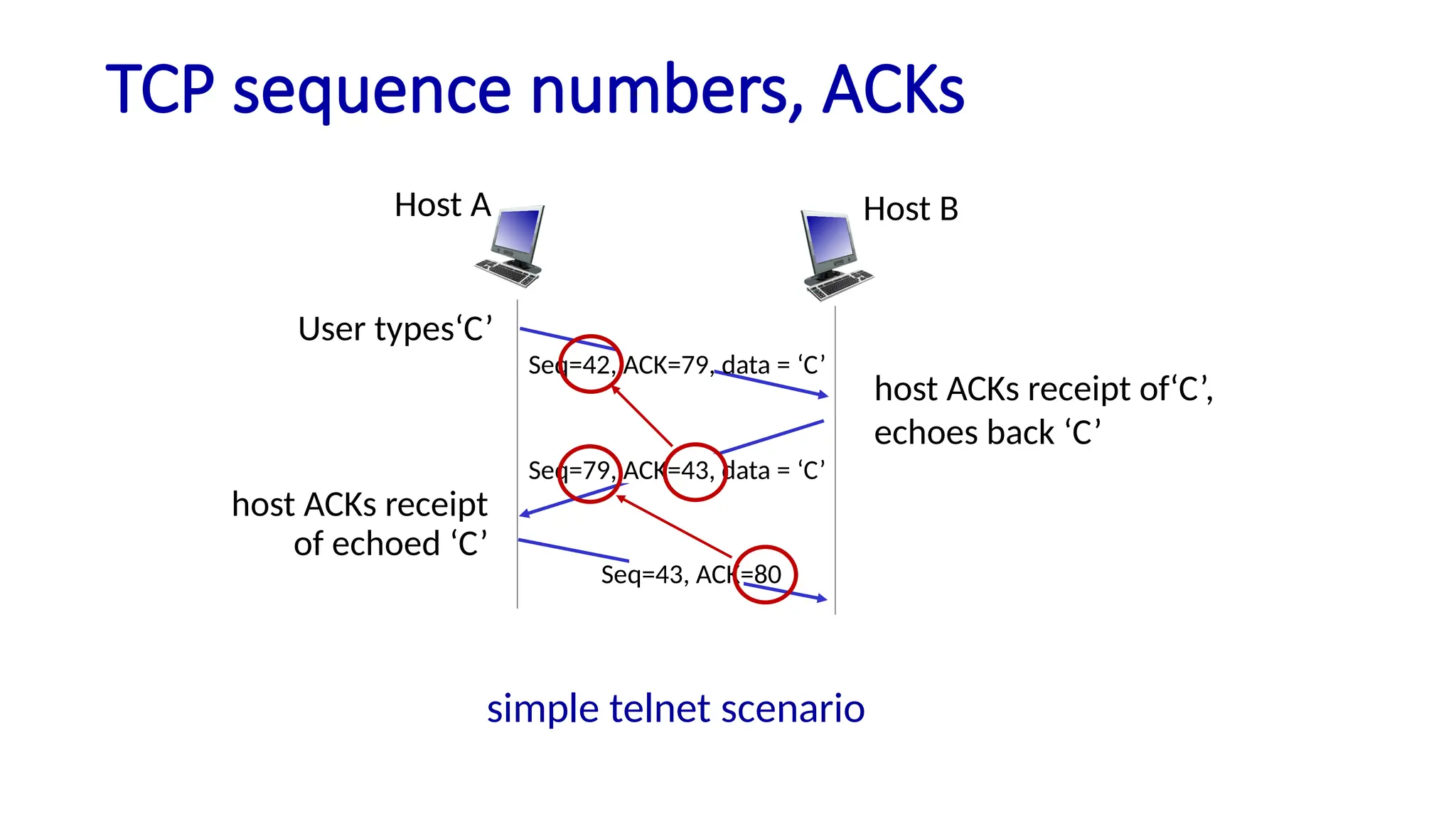 TCP sequence numbers, ACKs
host ACKs receipt
of echoed ‘C’
host ACKs receipt of‘C’,
echoes back ‘C’
simple telnet scenario
Host B
Host A
User types‘C’
Seq=42, ACK=79, data = ‘C’
Seq=79, ACK=43, data = ‘C’
Seq=43, ACK=80
 