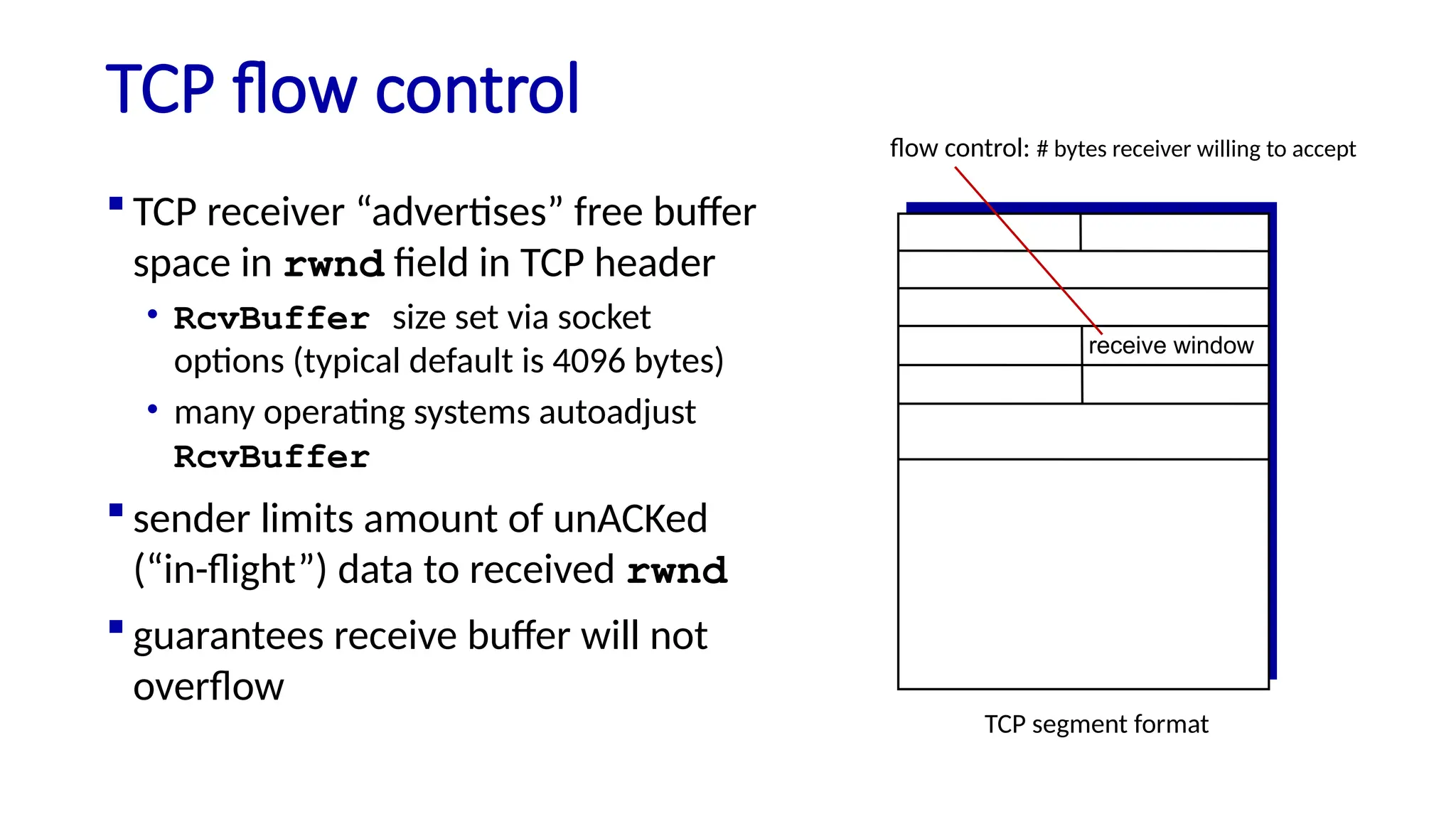 TCP flow control
 TCP receiver “advertises” free buffer
space in rwnd field in TCP header
• RcvBuffer size set via socket
options (typical default is 4096 bytes)
• many operating systems autoadjust
RcvBuffer
 sender limits amount of unACKed
(“in-flight”) data to received rwnd
 guarantees receive buffer will not
overflow
flow control: # bytes receiver willing to accept
receive window
TCP segment format
 