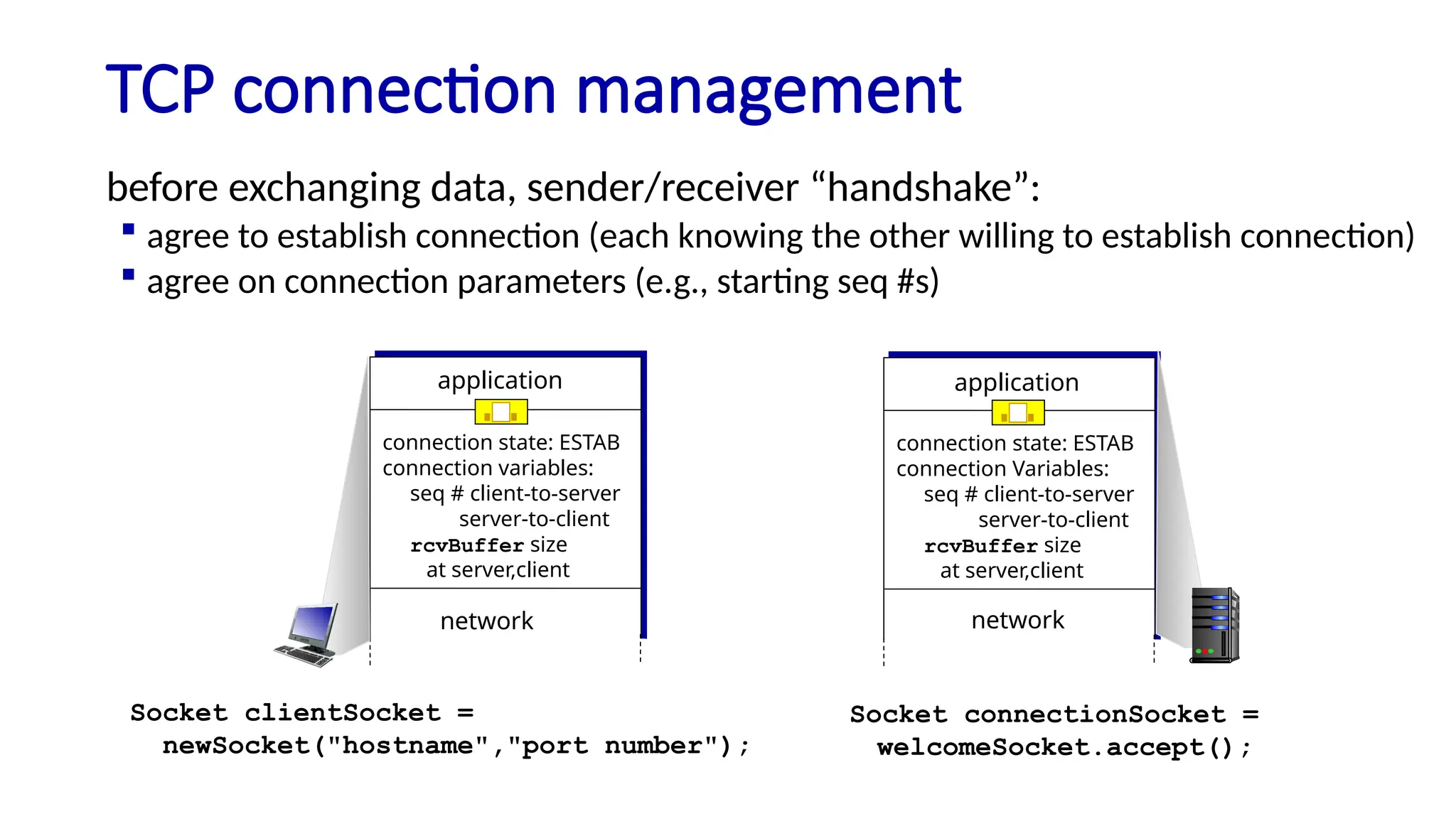 TCP connection management
before exchanging data, sender/receiver “handshake”:
 agree to establish connection (each knowing the other willing to establish connection)
 agree on connection parameters (e.g., starting seq #s)
connection state: ESTAB
connection variables:
seq # client-to-server
server-to-client
rcvBuffer size
at server,client
application
network
connection state: ESTAB
connection Variables:
seq # client-to-server
server-to-client
rcvBuffer size
at server,client
application
network
Socket clientSocket =
newSocket("hostname","port number");
Socket connectionSocket =
welcomeSocket.accept();
 