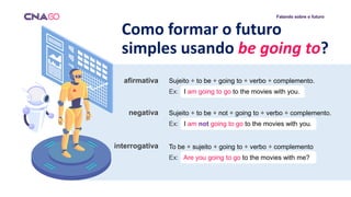 Falando sobre o futuro
afirmativa
negativa
interrogativa
Sujeito + to be + going to + verbo + complemento.
Ex: I am going to go to the movies with you.
Sujeito + to be + not + going to + verbo + complemento.
Ex: I am not going to go to the movies with you.
To be + sujeito + going to + verbo + complemento
Ex: Are you going to go to the movies with me?
Como formar o futuro
simples usando be going to?
 