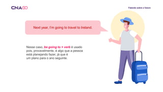 Falando sobre o futuro
Next year, I’m going to travel to Ireland.
Nesse caso, be going to + verb é usado
pois, provavelmente, é algo que a pessoa
está planejando fazer, já que é
um plano para o ano seguinte.
 