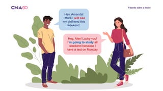 Falando sobre o futuro
Hey, Amanda!
I think I will see
my girlfriend this
weekend.
Hey, Alex! Lucky you!
I’m going to study all
weekend because I
have a test on Monday.
 