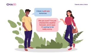 Falando sobre o futuro
I think it will rain
tomorrow.
Are you sure? I’ve just
checked the weather
forecast, and it says
it’s going to be
really sunny.
 