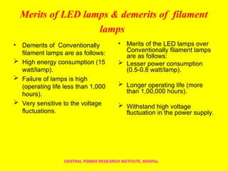 Merits of LED lamps & demerits of filament
lamps
• Demerits of Conventionally
filament lamps are as follows:
 High energy consumption (15
watt/lamp).
 Failure of lamps is high
(operating life less than 1,000
hours).
 Very sensitive to the voltage
fluctuations.
• Merits of the LED lamps over
Conventionally filament lamps
are as follows:
 Lesser power consumption
(0.5-0.8 watt/lamp).
 Longer operating life (more
than 1,00,000 hours).
 Withstand high voltage
fluctuation in the power supply.
CENTRAL POWER RESEARCH INSTITUTE, BHOPAL
 