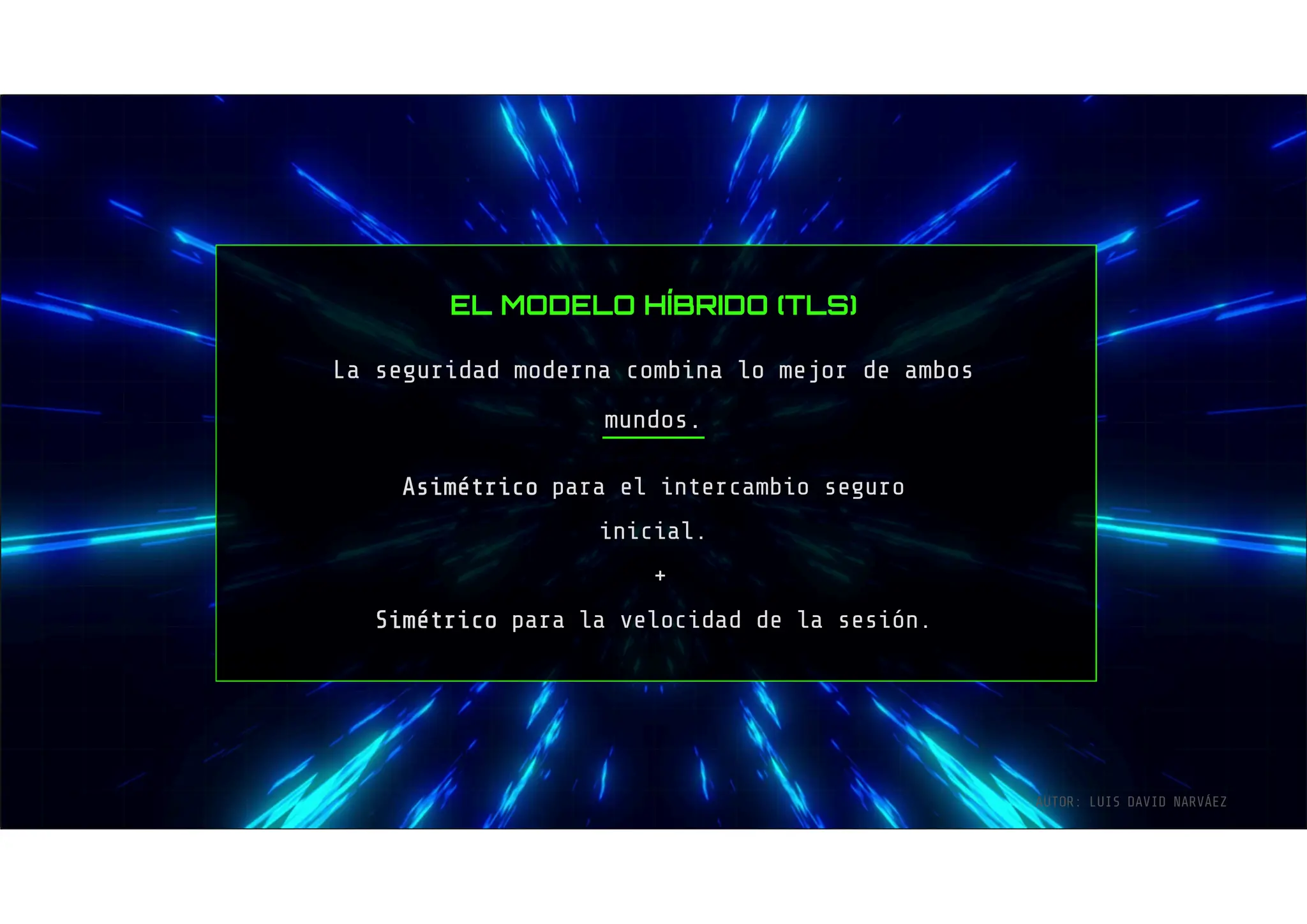 EL MODELO HÍBRIDO (TLS)
La seguridad moderna combina lo mejor de ambos
mundos.
Asimétrico para el intercambio seguro
inicial.
+
Simétrico para la velocidad de la sesión.
AUTOR: LUIS DAVID NARVÁEZ
 