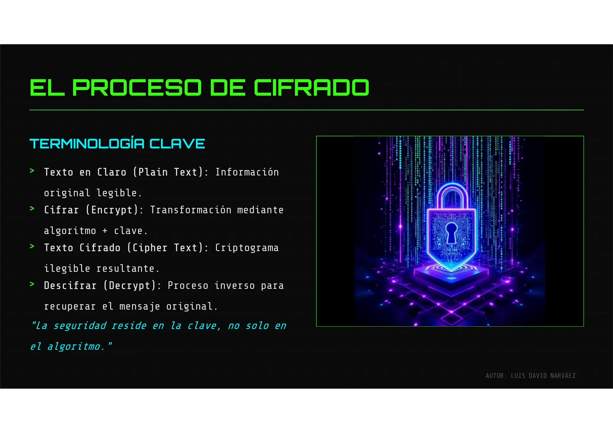 TERMINOLOGÍA CLAVE
"La seguridad reside en la clave, no solo en
el algoritmo."
Texto en Claro (Plain Text): Información
original legible.
Cifrar (Encrypt): Transformación mediante
algoritmo + clave.
Texto Cifrado (Cipher Text): Criptograma
ilegible resultante.
Descifrar (Decrypt): Proceso inverso para
recuperar el mensaje original.
>
>
>
>
EL PROCESO DE CIFRADO
AUTOR: LUIS DAVID NARVÁEZ
 