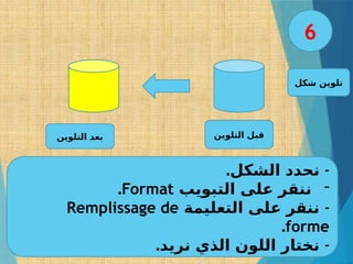 ‫شكل‬ ‫تلوين‬
. -
‫الشكل‬ ‫نحدد‬
-
‫التبويب‬ ‫على‬ ‫ننقر‬
Format
.
-
‫التعليمة‬ ‫على‬ ‫ننقر‬
Remplissage de
forme
.
. -
‫نريد‬ ‫الذي‬ ‫اللون‬ ‫نختار‬
‫التلوين‬ ‫قبل‬
‫التلوين‬ ‫بعد‬
6
 