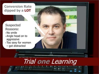 Conversion Rate
dipped by a LOT



Suspected
Reasons:
- No smile
- Angle head on to
  aggressive
- Too sexy for women
  – got distracted




             Trial one Learning
 