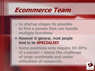 Ecommerce Team
• In startup stages its possible
  to find a person that can handle
  multiple functions
• However in general, most people
  tend to be SPECIALIST
• Some positions only require 10-20%
  of a person – hence the challenge
  of large overheads and under
  utilization of resources.
 