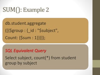 SUM(): Example 2
db.student.aggregate
([{$group : {_id : "$subject",
Count: {$sum : 1}}}]);
SQL Equivalent Query
Select subject, count(*) from student
group by subject
 
