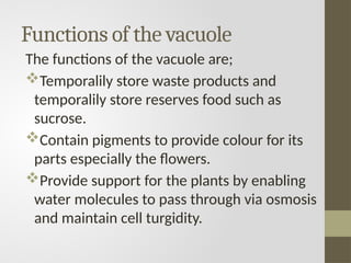 Functions of the vacuole
The functions of the vacuole are;
Temporalily store waste products and
temporalily store reserves food such as
sucrose.
Contain pigments to provide colour for its
parts especially the flowers.
Provide support for the plants by enabling
water molecules to pass through via osmosis
and maintain cell turgidity.
 