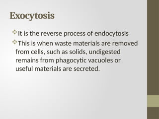 Exocytosis
It is the reverse process of endocytosis
This is when waste materials are removed
from cells, such as solids, undigested
remains from phagocytic vacuoles or
useful materials are secreted.
 
